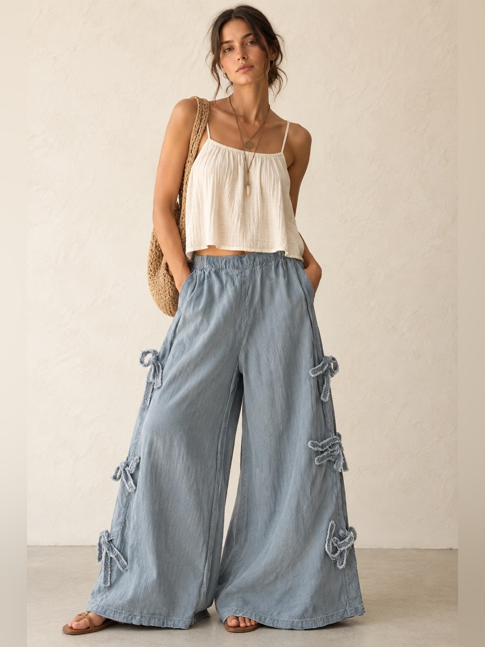 Jonathan Simkhai bow wide leg tencel jeans S side tie boho festival pants RARE